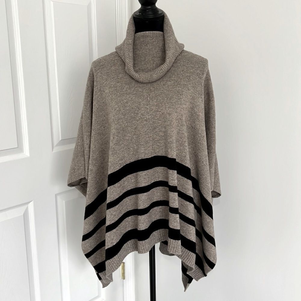 TAHARI wool ponchos Sz M one size nude black striped like new!